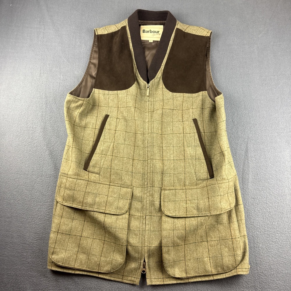 Barbour Tweed Waistcoat Vest Men's L Green Plaid Shooting Hunting Windowpane
